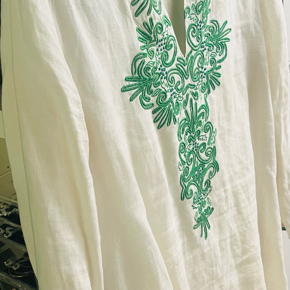 Embroidered V-Neck Women's Top in White with Green Detail